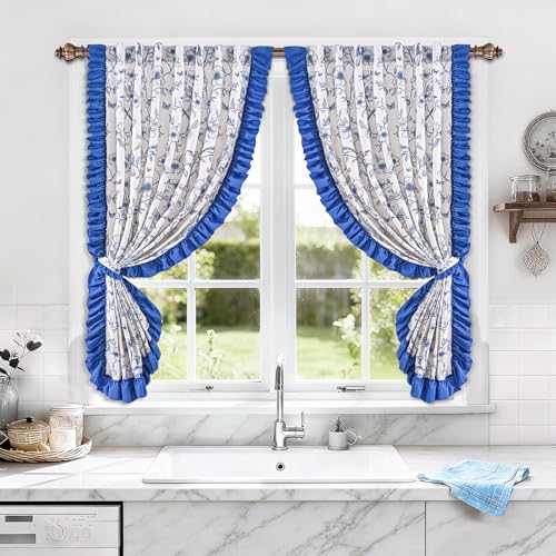 Yinhua Floral Kitchen Curtains 36 Inch with Ruffle Tieback, Farmhouse Vintage Linen Kitchen Window Curtains Over Sink, Light Filtering Rod Pocket Small Cafe Curtain, 26" W x 36" L, 2 Panels, Blue - color: Blue, size: 26"W x 36"L (Pack of 2)