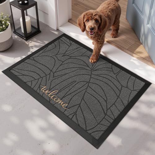 LUMI Outside Welcome Door Mat 20x32, Non-Slip Heavy Duty Dirt Trapper, Grey - color: Grey Gold Monstera, size: 20"x32"