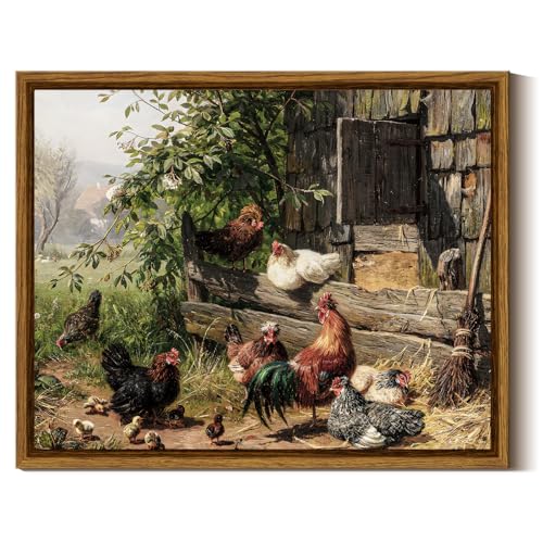 InSimSea Framed Canvas Wall Art - Funny Running Chicken & Chicken Coop - Rustic Farmhouse Painting - Country Wall Prints - Bedroom & Living Room - 8x10in - color: Leisurely Chickens, size: 10"L x 8"W