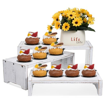 3-Tier Wooden Cupcake Stand & Display Risers, Multi-Tier Display Stand for Food, Desserts, & Collections - color: White