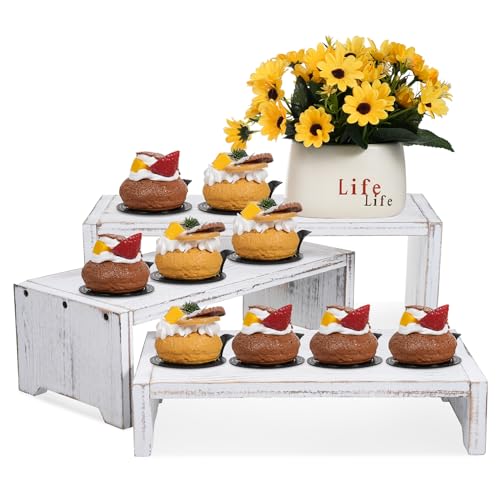 3-Tier Wooden Cupcake Stand & Display Risers, Multi-Tier Display Stand for Food, Desserts, & Collections - color: White