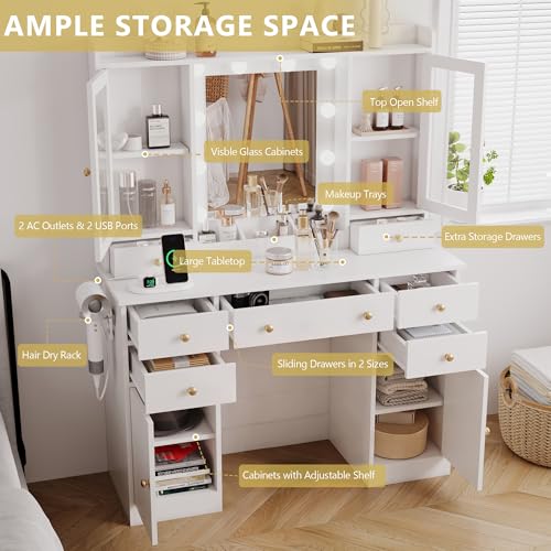Xixini 44" Vanity Desk with Mirror & Lights, Glass Storage Cabinets, White - color: White