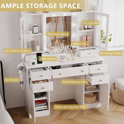 Xixini 44" Vanity Desk with Mirror & Lights, Glass Storage Cabinets, White - color: White