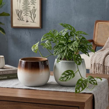 Ceramic Plant Pots, 5.5 Inch Indoor Planters, Ombre Glaze for Houseplants - color: Gradient Brown & Gray