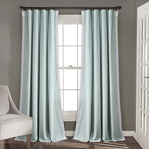 Lush Decor Rosalie Light Filtering Window Curtain Panel Set- Pair- Vintage Farmhouse & French Country Style Curtains - Timeless Dreamy Drape - Romantic Lace Trim - 54" W x 84" L, Blue - color: Blue, size: 54"W x 84"L (Pack of 2), style: Window Panel