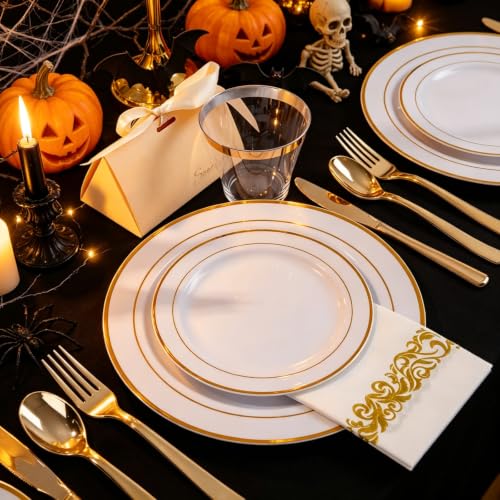 WELLIFE 700 Pieces Gold Plastic Dinnerware Set for 100 Guests - Includes Plates, Cups, Napkins, and Disposable Cutlery - Elegant White & Gold Design, Perfect for Parties and Events - color: Gold, style: 700PCS（100Guests）