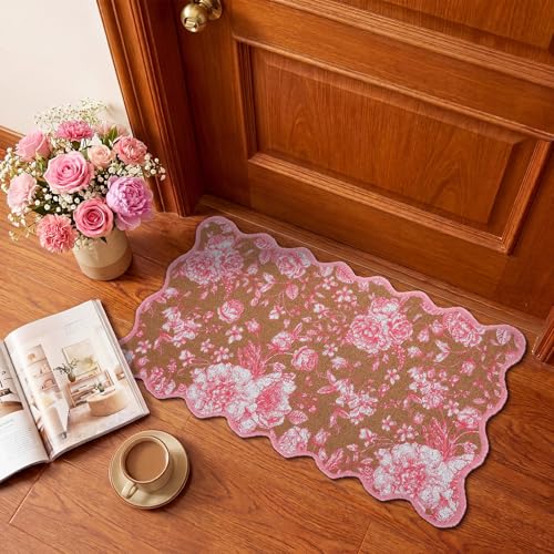 Dunzy Pink Doormat Cute Floral Outdoor Scalloped Welcome Faux Coir Mat - style: Pink Floral