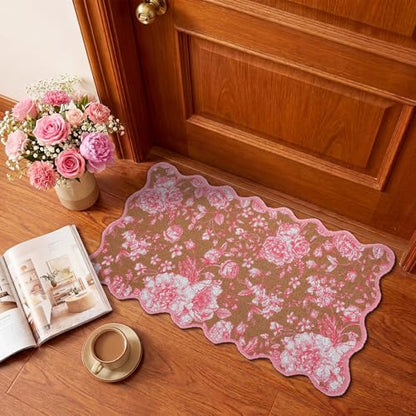 Dunzy Pink Doormat Cute Floral Outdoor Scalloped Welcome Faux Coir Mat - style: Pink Floral