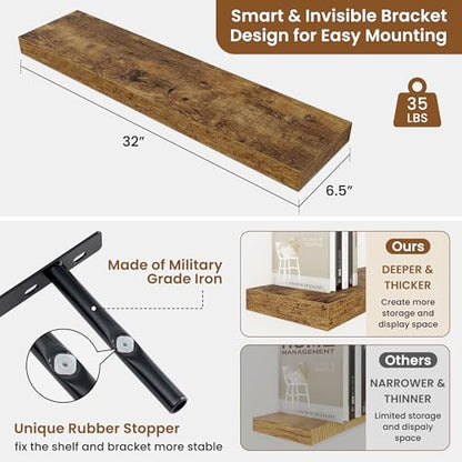 Floating Shelves for Wall, Wall Mounted Wood Shelves, Brown, Set of 2, 32in - color: Rustic Brown, size: 32"W x 6.5"D , 2 Pack