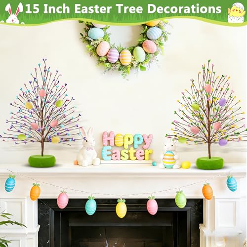 TURNMEON Easter Decorations 2 Pack Easter Tree with 14 Pastel Eggs Ornaments and Floral Berry Blossom, 15'' Tabletop Artificial Tree Easter Decor for Spring Party Table Centerpiece Room Home