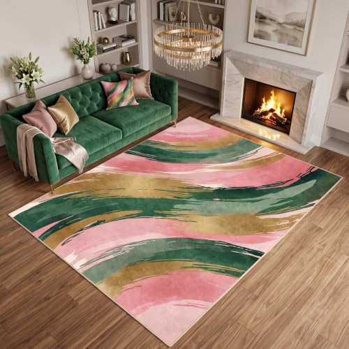 5x7 Pink and Green Area Rug, Modern Abstract Brushstroke Design - color: Pink/Green/Gold, size: 5' x 7' (Rectangular)