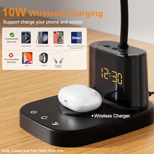 10W Wireless Charging LED Desk Lamp with Clock, Light Black - color: Light Black
