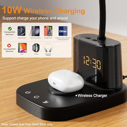 10W Wireless Charging LED Desk Lamp with Clock, Light Black - color: Light Black