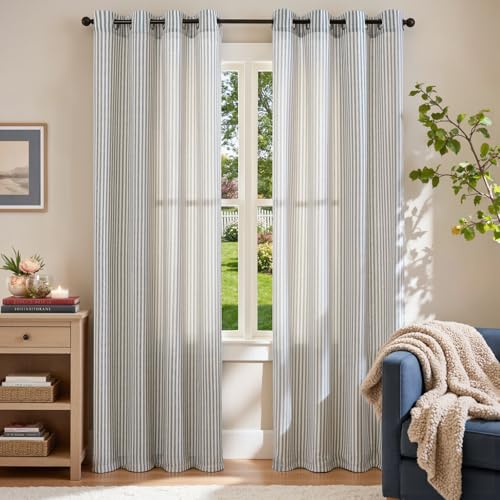 jinchan Linen Curtains 84 Inch Blue Stripe on Linen Grommet 2 Panels - color: Blue on Linen, size: 50"W x 84"L (Pack of 2)