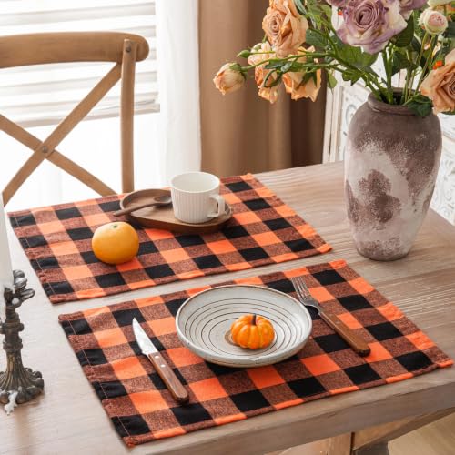 AQOTHES Fall Plaid Placemats Set of 4 Orange Black Checked Table Mats 12×18 - color: Orange Black