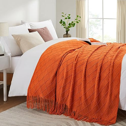 Acrylic Knitted Throw Blanket, 50 x 60 Inches, Orange - color: Orange