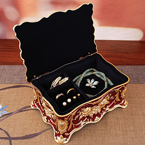Luxury Vintage Rectangle Metal Alloy Jewelry Box Trinket Organizer Storage Box with Rose Pattern for Women, Girls, Two-Layer Design, Gold & Red, Large - color: Gold & Red