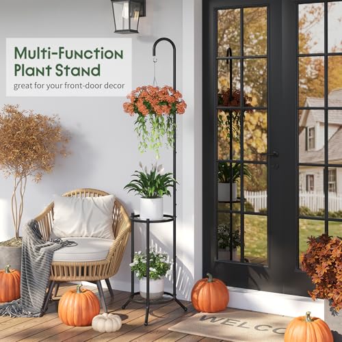 2-Tier Plant Stand With Hanging Hook, Metal Standing Plant Hanger, Black - color: Black