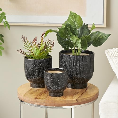Deco 79 Ceramic Indoor Outdoor Planter Speckled Small Planter Pot with Linear Grooves and Tapered Bases, Set of 3 Planters 9", 8", 6"H, Black
