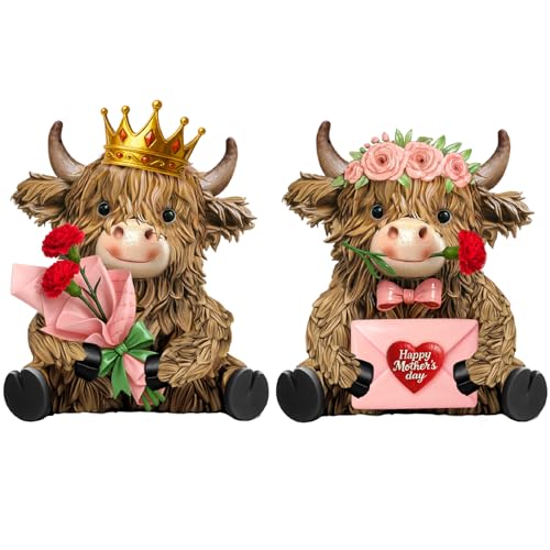2 Pcs Resin Highland Cow Figurine Decor - style: Mother's Day