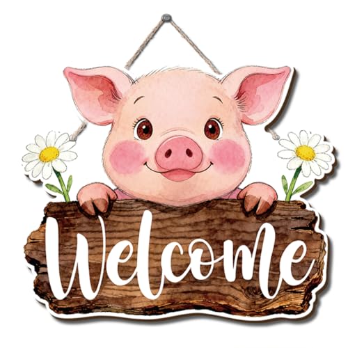 Farmhouse Wall Decor, Cute Pig Welcome Sign with Daisies, Rustic Wood Hanging Plaque, Watercolor Farm Animal Wall Art Painting Style, Country Kitchen or Porch Door Sign, 11.8x9.6 Inches - color: Farm 16