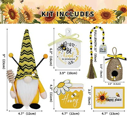 Bee Tiered Tray Decor Set, 6 Pcs Summer Farmhouse Decor with Gnome, Bee Hive, Sunflower Wood Signs & Garland, Rustic Countertop Kitchen Coffee Bar Decorations - style: Bee