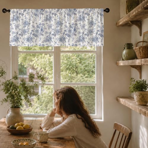 Blue Floral Blackout Window Valance Curtain, Toile Flower Valances - color: Flower 5, size: 52"W x 18"L (Pack of 1)
