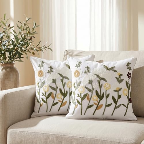 Neutral Daisy Floral Embroidered Pillow Covers 20x20 Set of 2 - color: White Green Camel, size: 20" x 20" (Pack of 2)