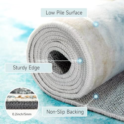 Beach Pattern 2x6ft Runner Rug Non Slip Washable Kitchen Runner Rug with Rubber Backing，Low-Pile Soft Washable Runner Rugs for Hallway Entryway Kitchen Bedroom Living Room Bathroom - color: Light Blue Beach, size: 2' x 6' (Rug)
