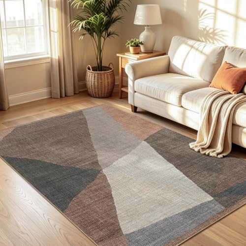 YIHOUSE Mid Century Modern Rug, Washable Non-Slip Low Pile, Brown, 5x7 ft - color: Brown, size: 5' x 7' (Rectangular)