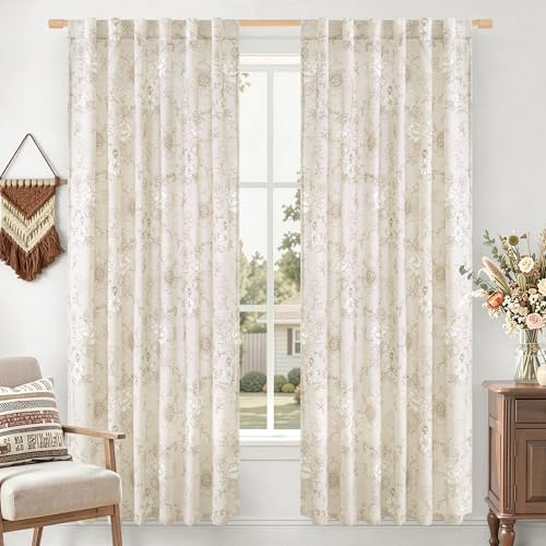 LAMIT Floral Linen Curtains for Living Room 72 Inch Long, Taupe, 2 Panels - color: Taupe on Beige, size: 52"W x 72"L (Pack of 2)