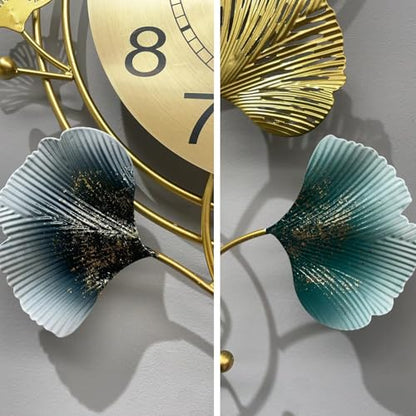 FILLOVE Elegant Metal Wall Clock with Silent Round dial and Gold and Blue Leaves, Modern Non-Walking Silent Metal Wall Clock for Living Room, Bedroom, Study, Office (25in*12in) (Gold Leaf) - color: Gold Leaf