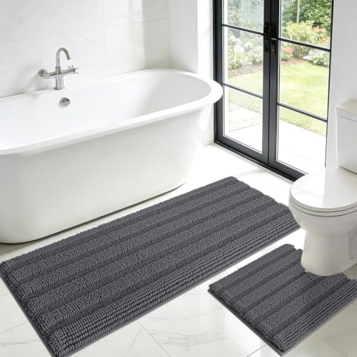 Striped Grey Toilet Bathroom Rug Mat Bath Mat Set 2 piece Ultra Soft, Non Slip Chenille Bath Rugs, Absorbent Plush Shaggy Bath Mats for Bathroom, Bedroom, Kitchen, Shower, Tub,Dark Gray, Charcoal - color: Dark Gray, size: U Shape 24"x20"+48"x20"