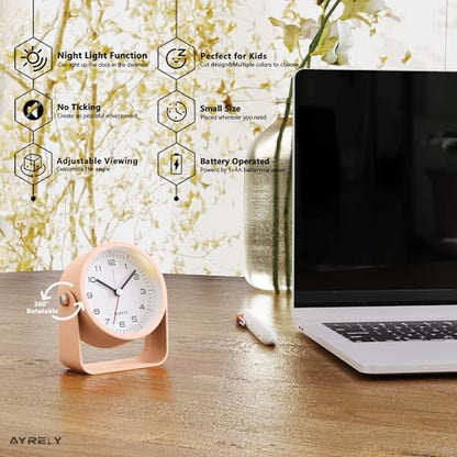 AYRELY® 3.5" Small Analog Travel Alarm Clock, Battery Operated Desk Clock - color: Pink