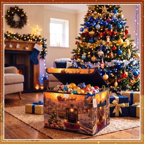 Briwooody Christmas Storage Bin with Lid and Carrying Handle Christmas Train Foldable Storage Box Large Xmas Snowy Night Decorative Collapsible Container Basket for Organizing Closet Home Bedroom - style: Christmas Train