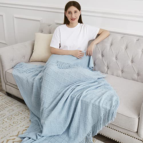 Acrylic Knitted Throw Blanket, 50 x 60 Inches, Light Blue - color: Light Blue