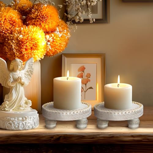Small Wood Risers for Decor, Round Wooden Display Risers Candle Plates and Trays, Farmhouse Candle Trays Home Decor, Pedestal Stand for Mini Cake, Mug Display Decorative, Table Centerpiece, White - color: White, size: Set of 2