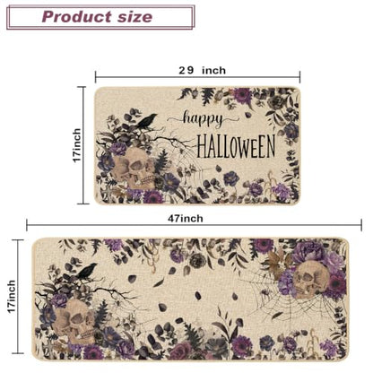 Baccessor Halloween Skull Kitchen Rugs Set of 2, 17x29 and 17x47 Inch - color: Purple Floral