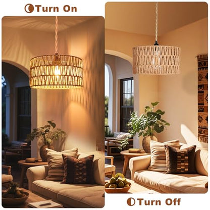Maliralt Hanging Lamps Rattan Pendant Light Hanging Lights 16.4ft Plug in Cord Pendant Light Fixture Plug Into Wall Outlet Pendant Lighting with On Off Switch for Bedroom Living (Cylindrical Shade) - size: 12.6 Inch - Cylindrical Shade