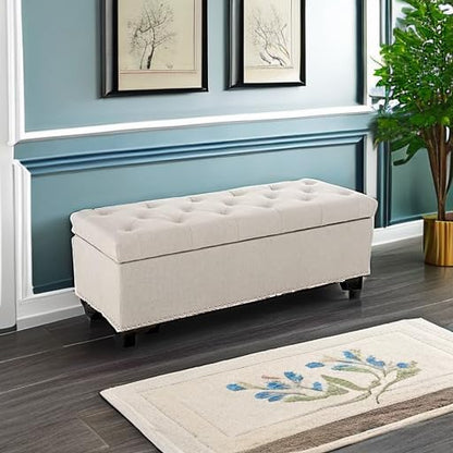 BELLEZE Storage Ottoman, Tufted Ottoman with Close Hinge, Foot Rest for Living Room (Beige, 47 inch) - color: Beige a
