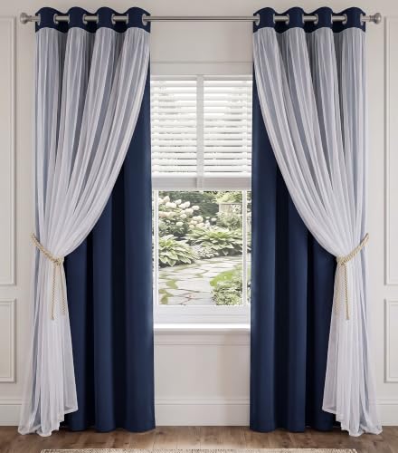 PONY DANCE Navy Blue Blackout Curtains with White Sheer Overlay for Bedroom - color: Navy Blue, size: 52"W x 63"L (Pack of 2)