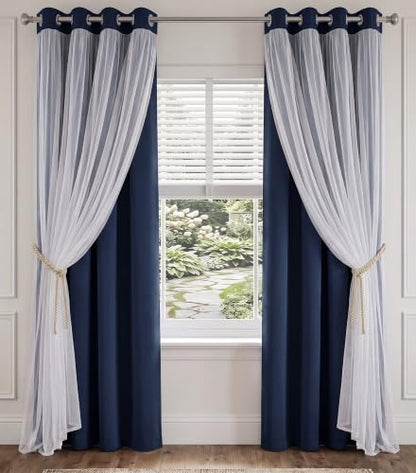 PONY DANCE Navy Blue Blackout Curtains with White Sheer Overlay for Bedroom - color: Navy Blue, size: 52"W x 63"L (Pack of 2)