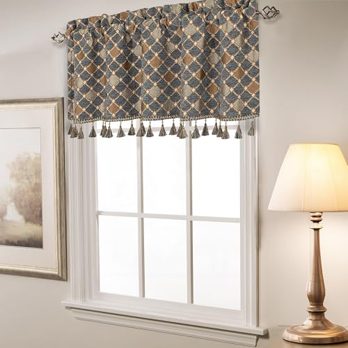 Loom and Mill Elegant Chenille Valances for Windows, Blue-Grey, 54"x18" - color: Blue-grey+khaki+beige