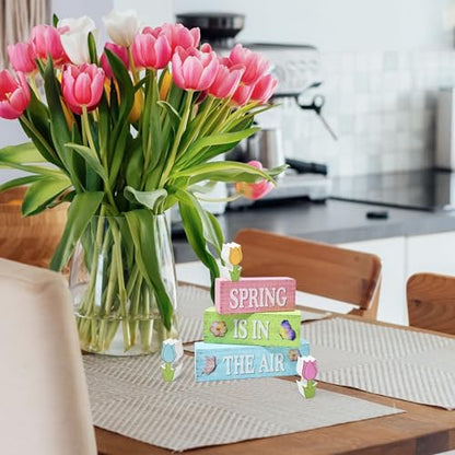 6 Pcs Spring Table Decorations Tulip Flower Wooden Block Signs Tabletop Centerpieces Farmhouse Distressed Easter Decor for Home Kitchen Shelf Tiered Tray Decor