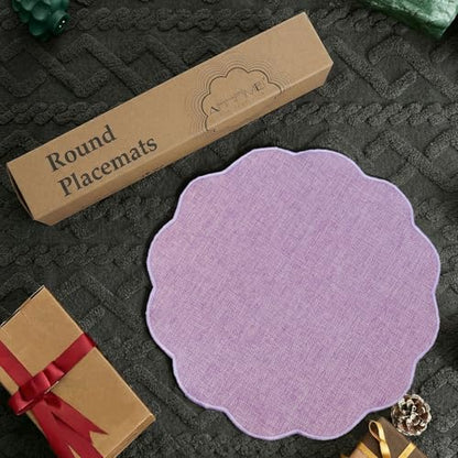 AHHFSMEI Round Scalloped Placemats Set of 6 15 Inch Faux Linen - color: Purple