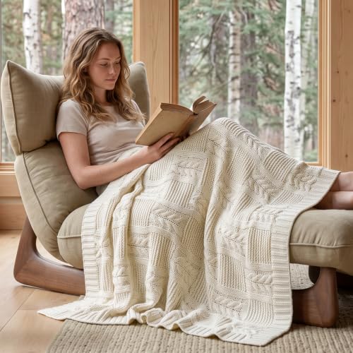 Amélie Home Chenille Knit Throw Blanket, Cream White 60"x80" - color: Cable Cream White, size: 60" X 80"