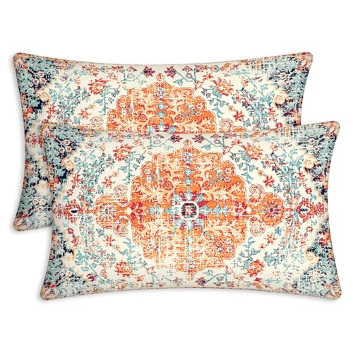 Boho 12X20 Lumbar Throw Pillow Covers Set of 2 Orange Blue - color: Orange