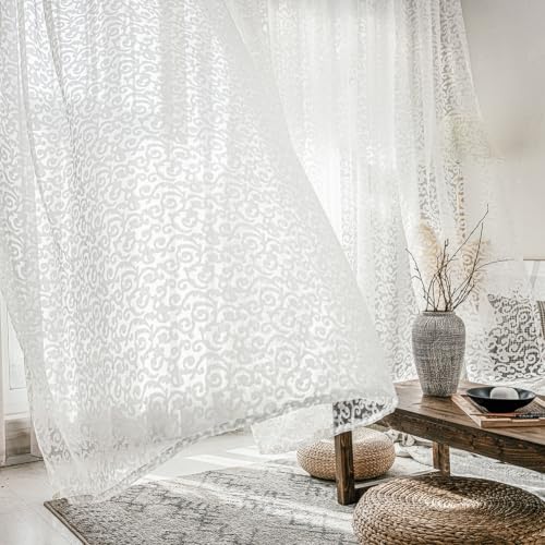 NAPEARL Sheer White Curtains Set of 2 Panels, Jacquard Sheer Curtains for Living Room, Organza Transparent Rod Pocket Window Drapes - color: White Scroll, size: 52"W x 96"L (Pack of 2)