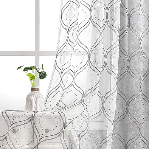 VISIONTEX White Sheer Curtains Grey Moroccan Embroidered 108 Inches Long - color: Moroccan-grey, size: 54"W x 108"L (Pack of 2)