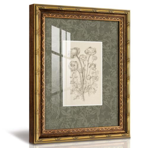 InSimSea Vintage Floral Wall Art, Sketch Sage Green Botanical Canvas Print | 13x16 Inch Gold Framed Minimalist Flower Picture with Glass, Rustic Farmhouse Nature Wall Decor for Study Bedroom Living Room - color: Elegant Flowers, size: 16"L x 13"W